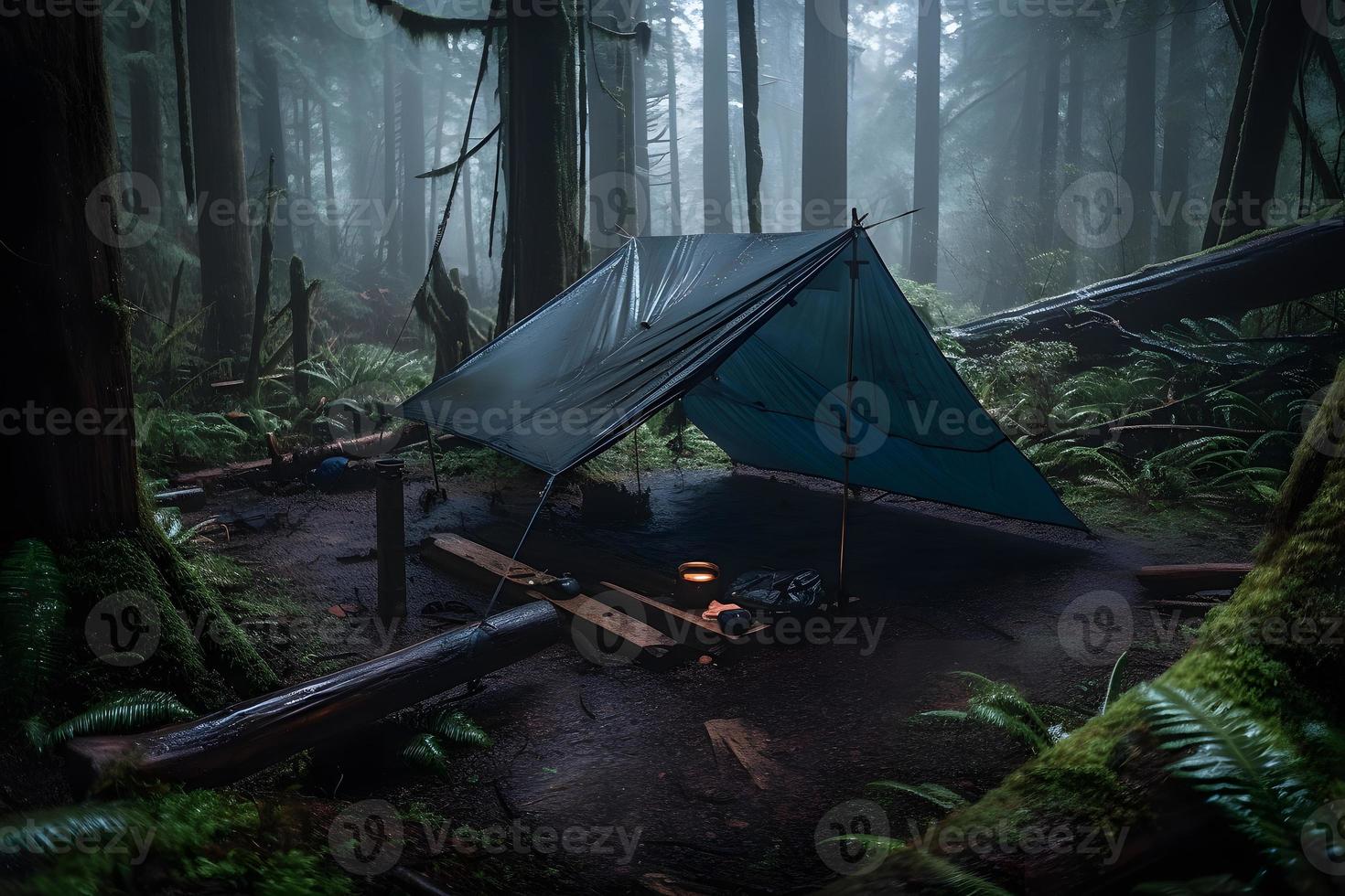 Wilderness Survival. Bushcraft Tent Under the Tarp in Heavy Rain, Embracing the Chill of Dawn. A Scene of Endurance and Resilience photo