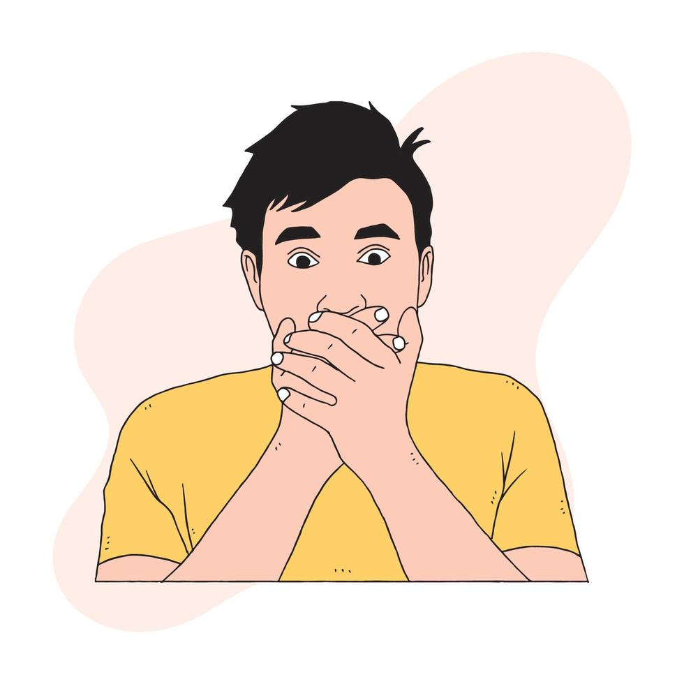 a man with his hands on his mouth with bulging eyes vector