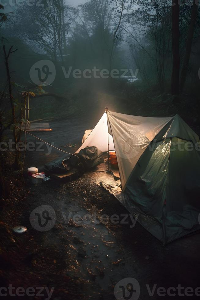 Wilderness Survival. Bushcraft Tent Under the Tarp in Heavy Rain, Embracing the Chill of Dawn. A Scene of Endurance and Resilience photo