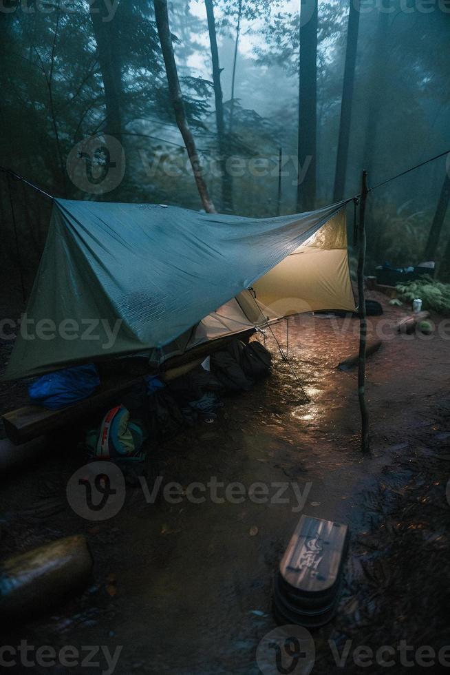 Wilderness Survival. Bushcraft Tent Under the Tarp in Heavy Rain, Embracing the Chill of Dawn. A Scene of Endurance and Resilience photo