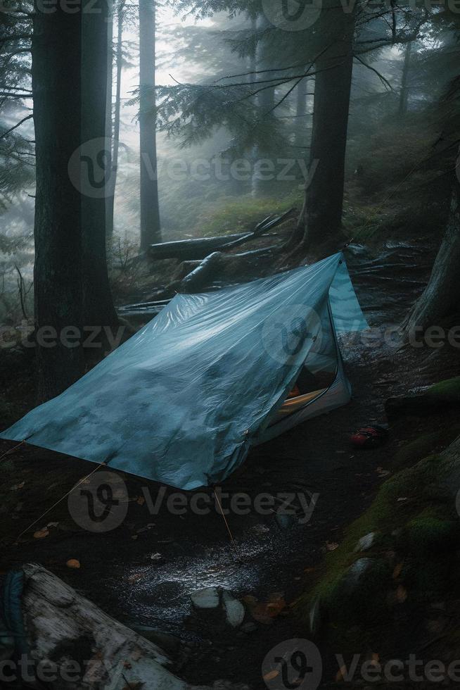 Wilderness Survival. Bushcraft Tent Under the Tarp in Heavy Rain, Embracing the Chill of Dawn. A Scene of Endurance and Resilience photo