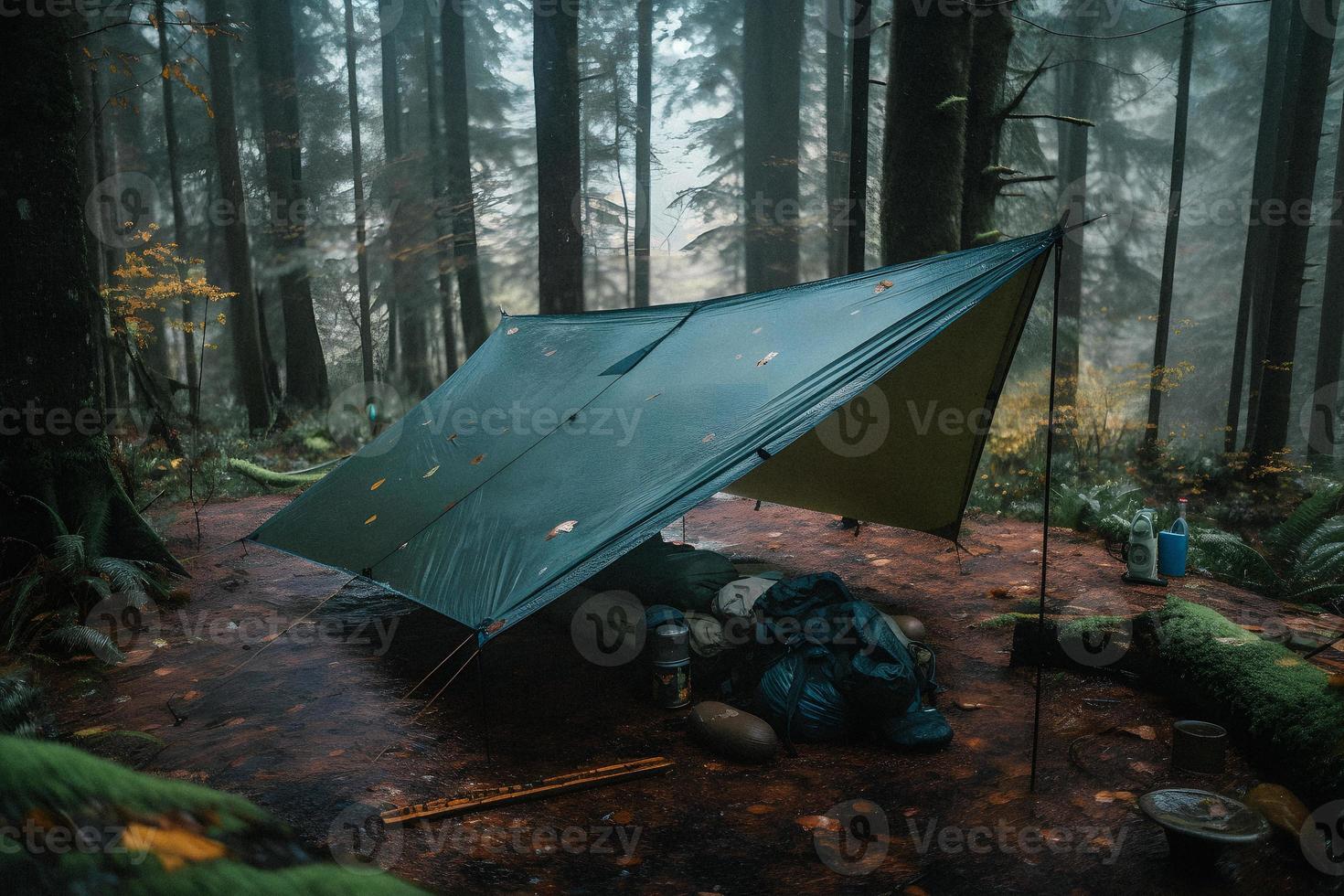 Wilderness Survival. Bushcraft Tent Under the Tarp in Heavy Rain, Embracing the Chill of Dawn. A Scene of Endurance and Resilience photo