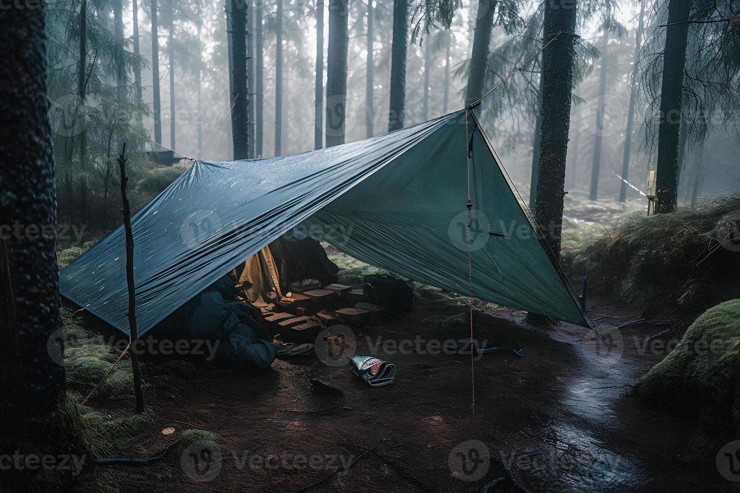 Wilderness Survival. Bushcraft Tent Under the Tarp in Heavy Rain, Embracing the Chill of Dawn. A Scene of Endurance and Resilience photo