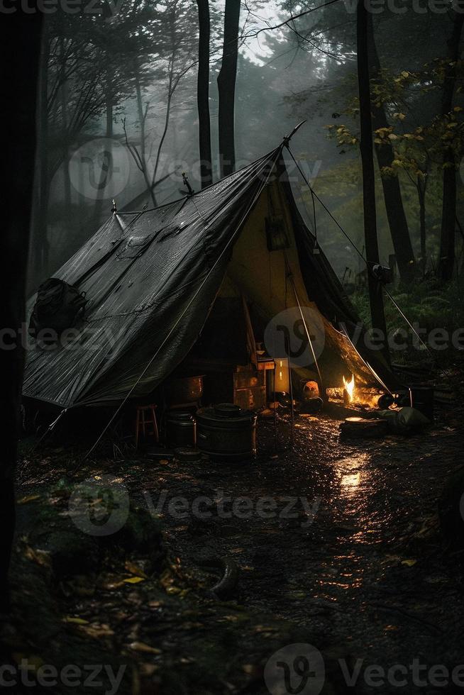 Wilderness Survival. Bushcraft Tent Under the Tarp in Heavy Rain, Embracing the Chill of Dawn. A Scene of Endurance and Resilience photo