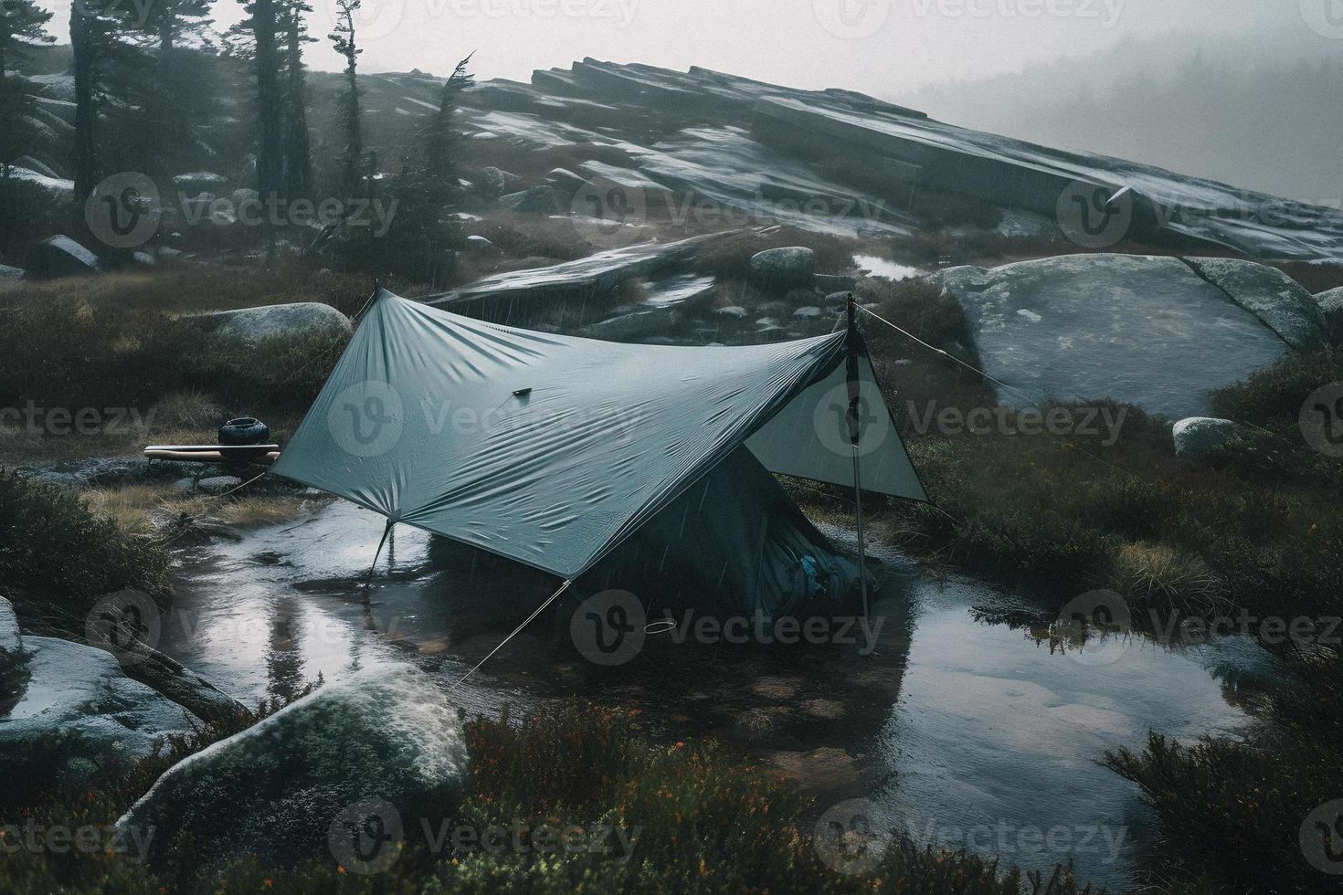 Wilderness Survival. Bushcraft Tent Under the Tarp in Heavy Rain, Embracing the Chill of Dawn. A Scene of Endurance and Resilience photo