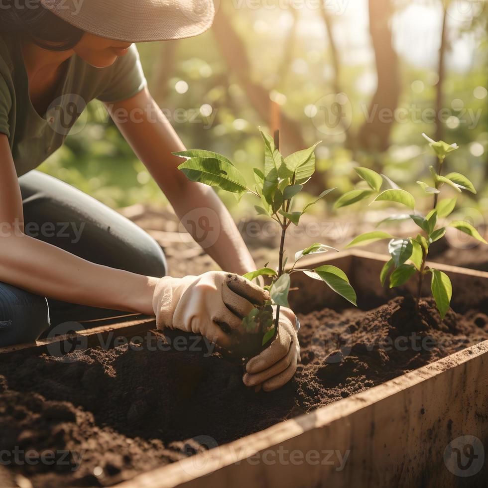 plantando arboles para un sostenible futuro. comunidad jardín y ambiental conservación - promoviendo habitat restauracion y comunidad compromiso en tierra día foto