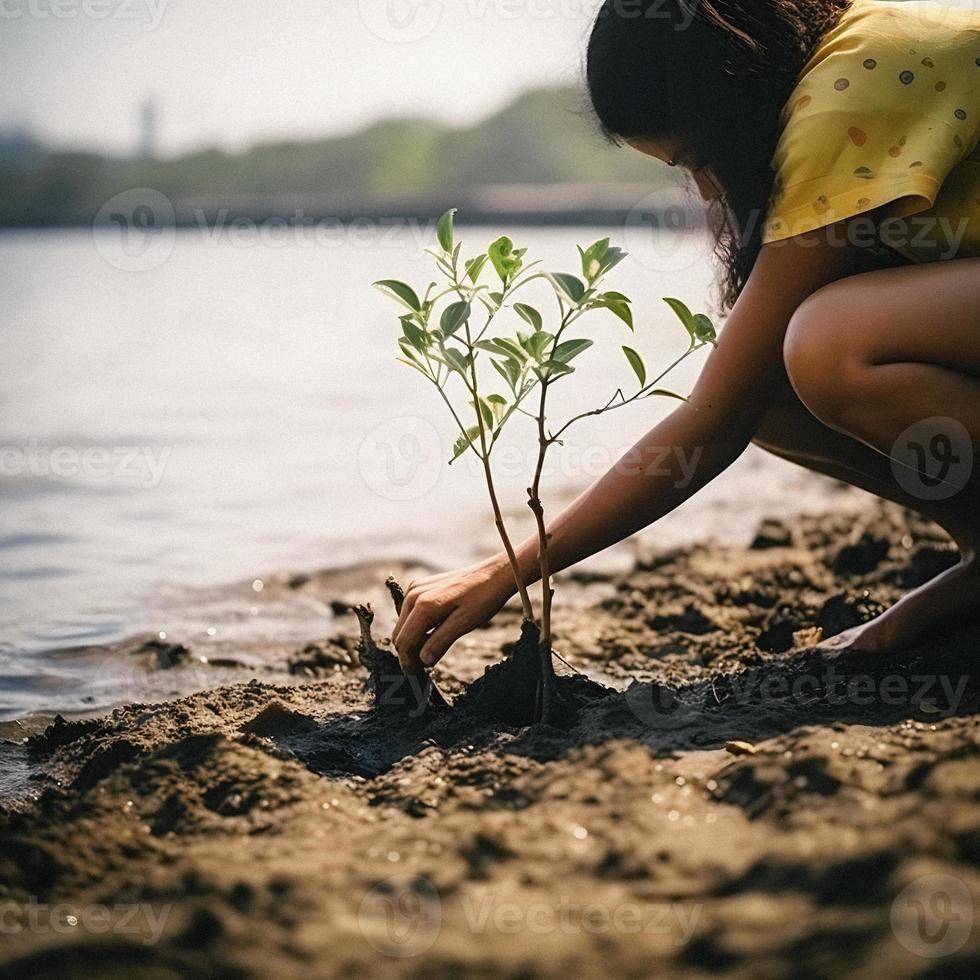 restaurar el línea costera comunidad compromiso en plantando manglares para ambiente conservación y habitat restauracion en tierra día, promoviendo sostenibilidad. tierra día foto