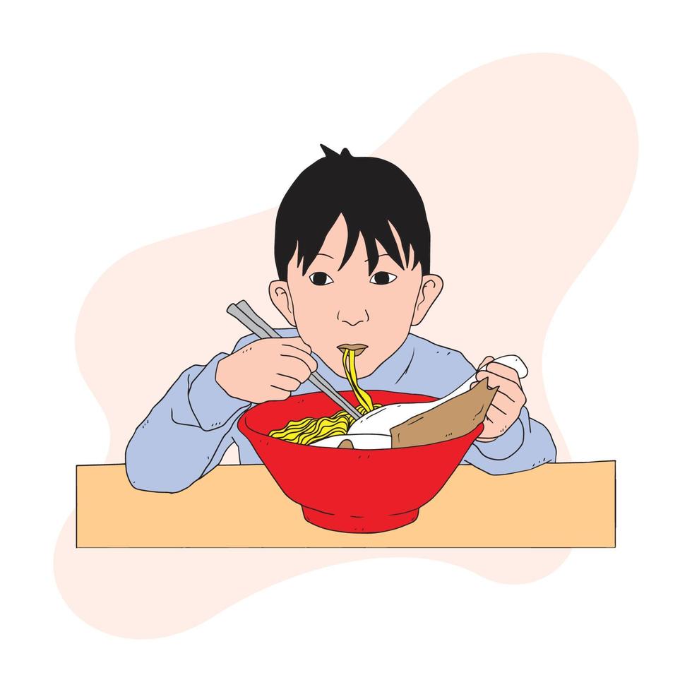 a boy is eating noodles vector