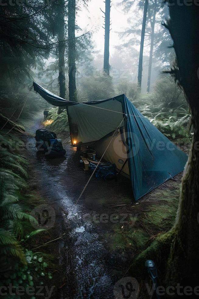 Wilderness Survival. Bushcraft Tent Under the Tarp in Heavy Rain, Embracing the Chill of Dawn. A Scene of Endurance and Resilience photo