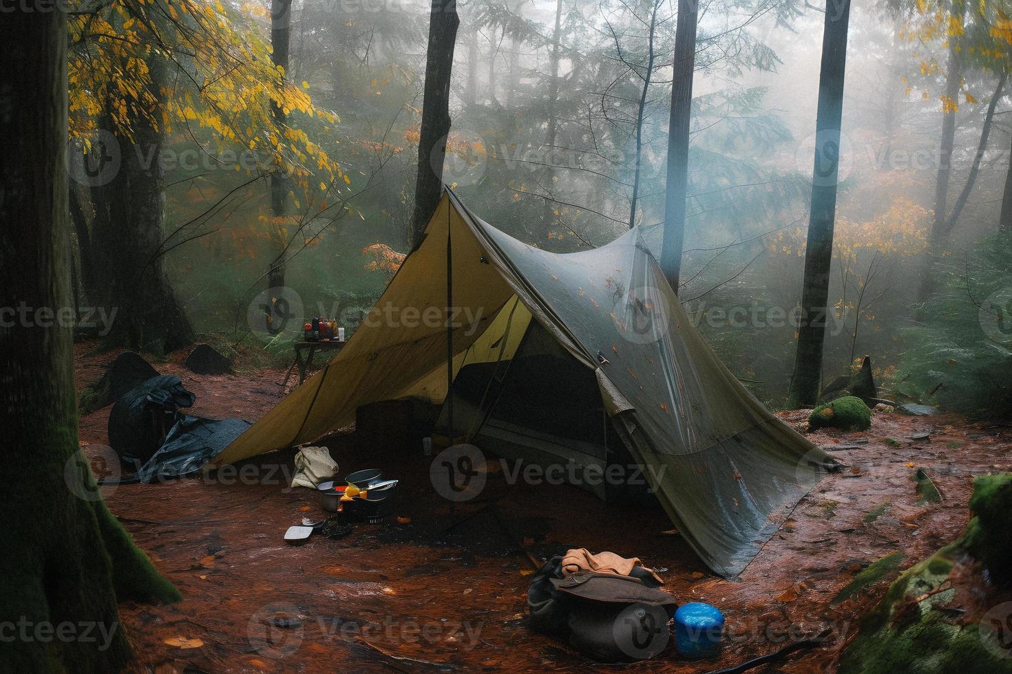 Wilderness Survival. Bushcraft Tent Under the Tarp in Heavy Rain, Embracing the Chill of Dawn. A Scene of Endurance and Resilience photo