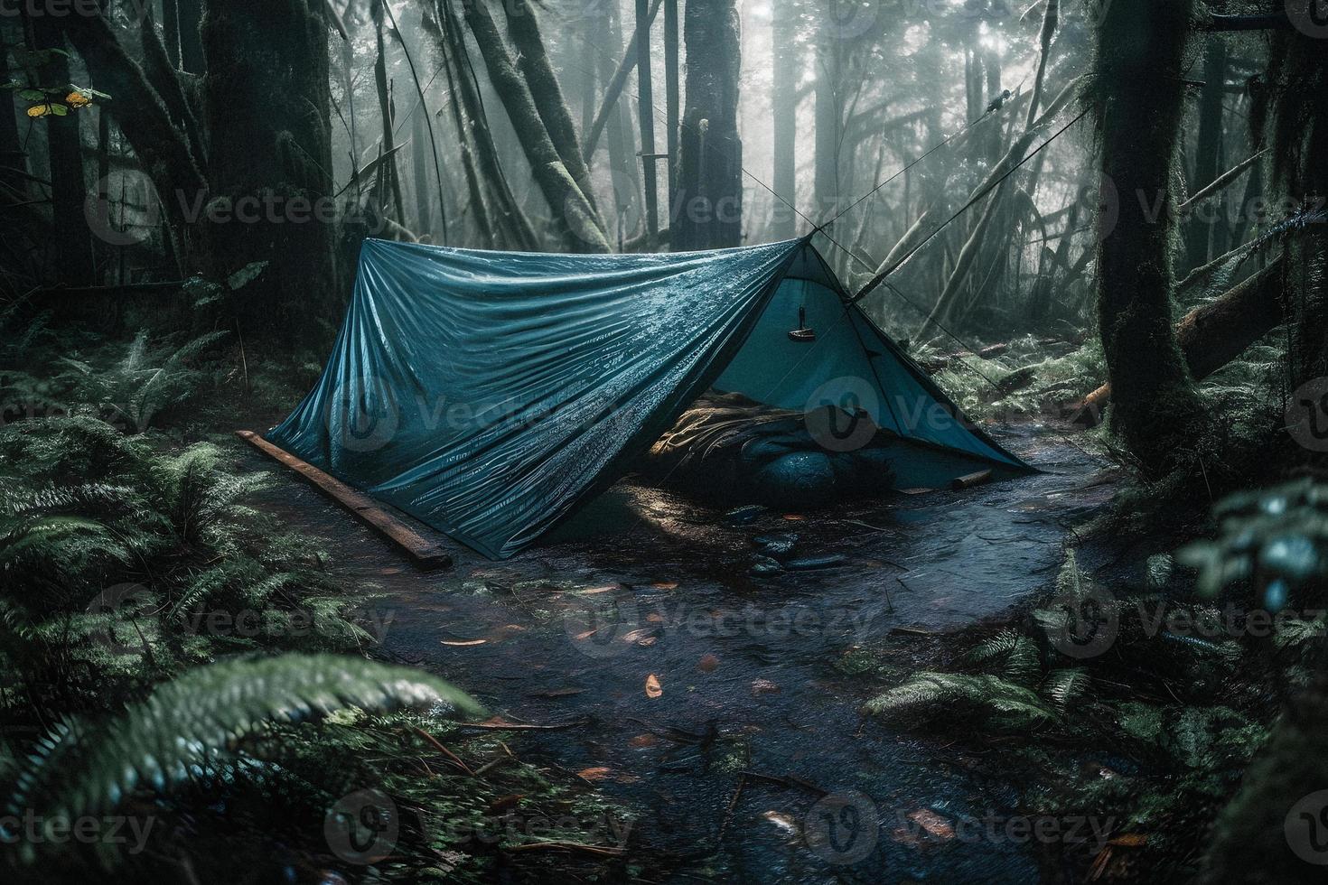 Wilderness Survival. Bushcraft Tent Under the Tarp in Heavy Rain, Embracing the Chill of Dawn. A Scene of Endurance and Resilience photo