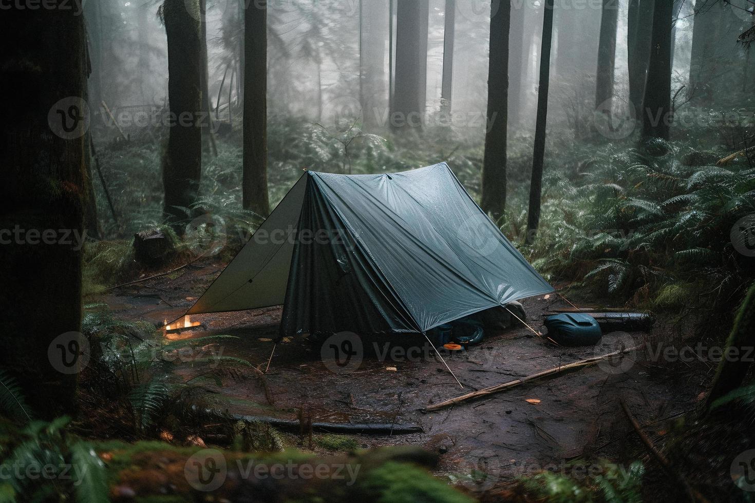 Wilderness Survival. Bushcraft Tent Under the Tarp in Heavy Rain, Embracing the Chill of Dawn. A Scene of Endurance and Resilience photo