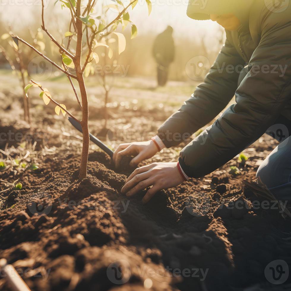 plantando arboles para un sostenible futuro. comunidad jardín y ambiental conservación - promoviendo habitat restauracion y comunidad compromiso en tierra día foto