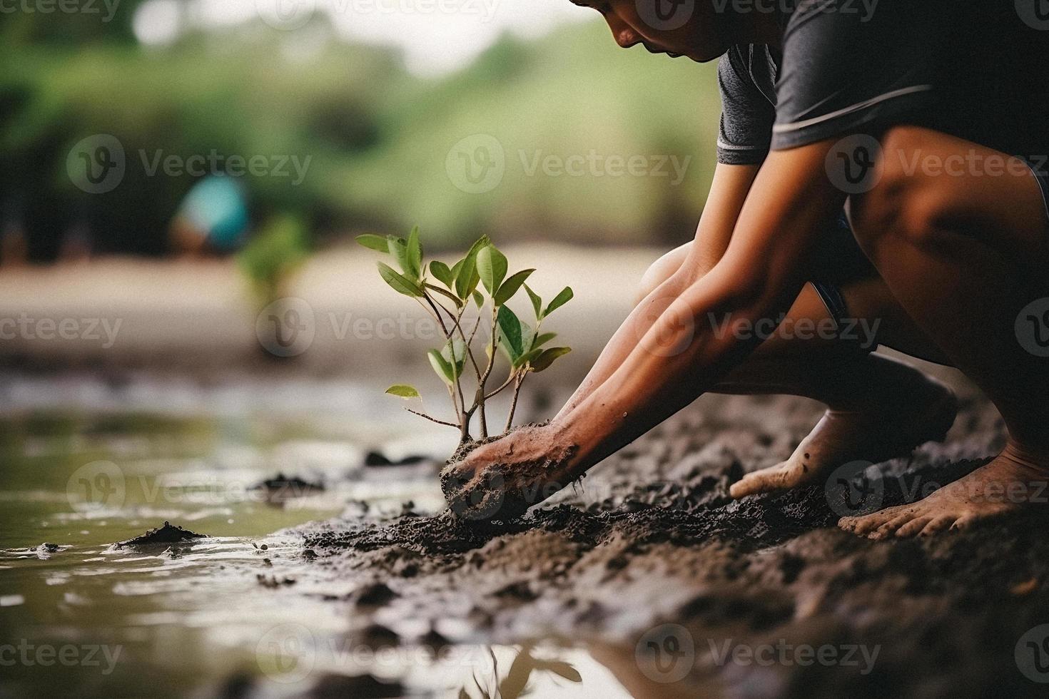 restaurar el línea costera comunidad compromiso en plantando manglares para ambiente conservación y habitat restauracion en tierra día, promoviendo sostenibilidad. tierra día foto