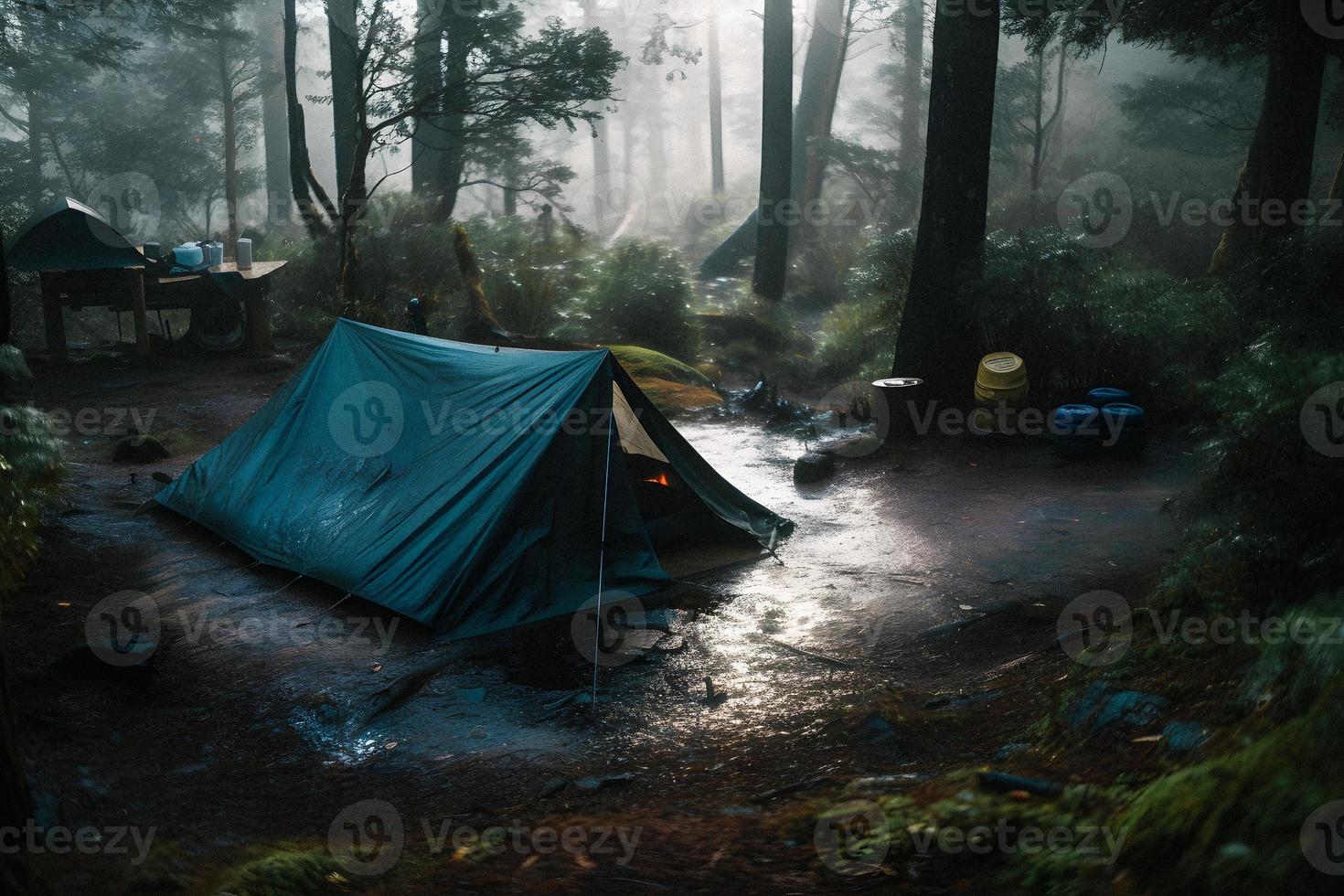 Wilderness Survival. Bushcraft Tent Under the Tarp in Heavy Rain, Embracing the Chill of Dawn. A Scene of Endurance and Resilience photo