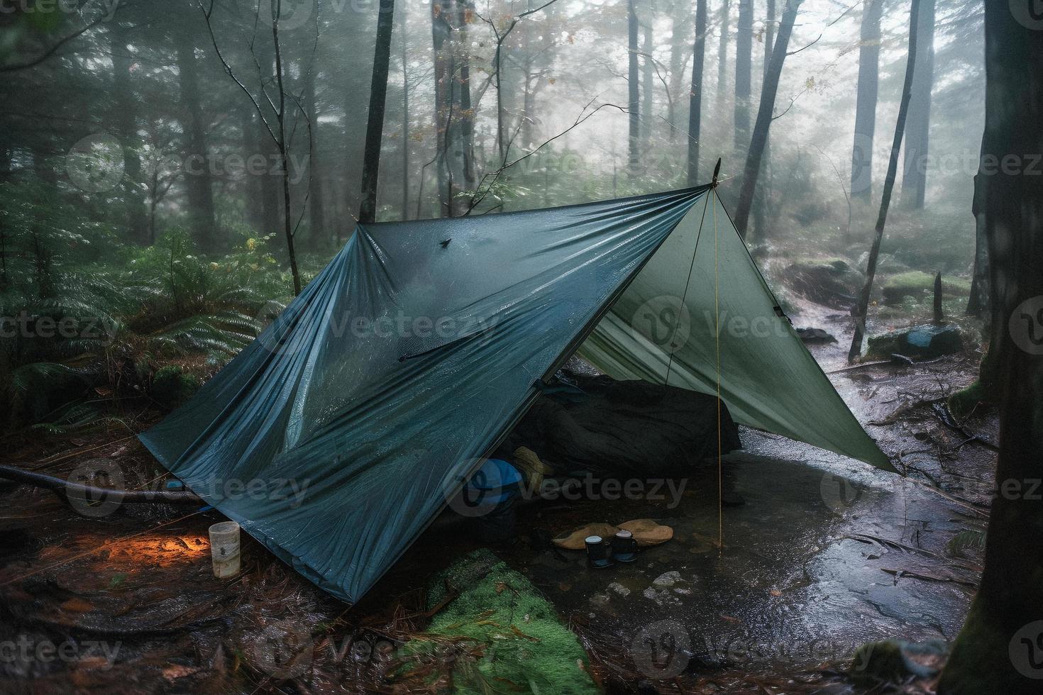 Wilderness Survival. Bushcraft Tent Under the Tarp in Heavy Rain, Embracing the Chill of Dawn. A Scene of Endurance and Resilience photo