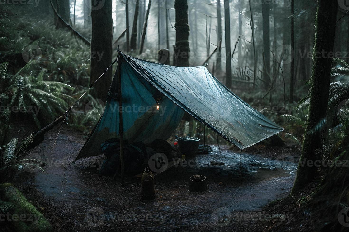 Wilderness Survival. Bushcraft Tent Under the Tarp in Heavy Rain, Embracing the Chill of Dawn. A Scene of Endurance and Resilience photo