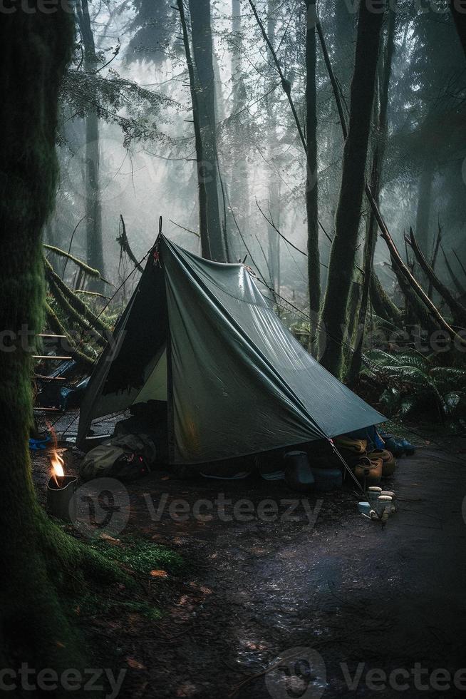 Wilderness Survival. Bushcraft Tent Under the Tarp in Heavy Rain, Embracing the Chill of Dawn. A Scene of Endurance and Resilience photo