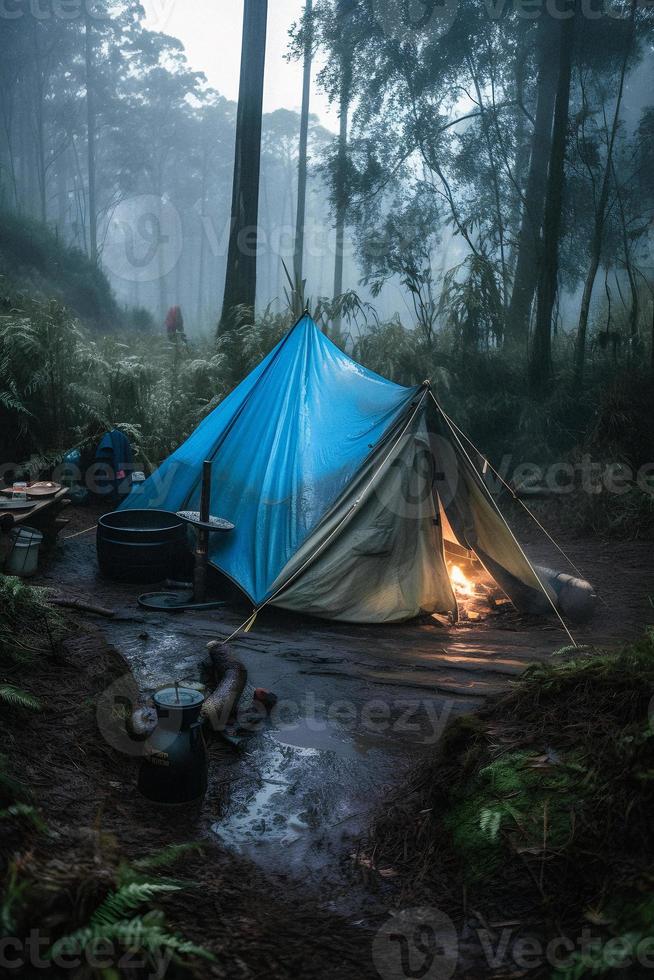 Wilderness Survival. Bushcraft Tent Under the Tarp in Heavy Rain, Embracing the Chill of Dawn. A Scene of Endurance and Resilience photo