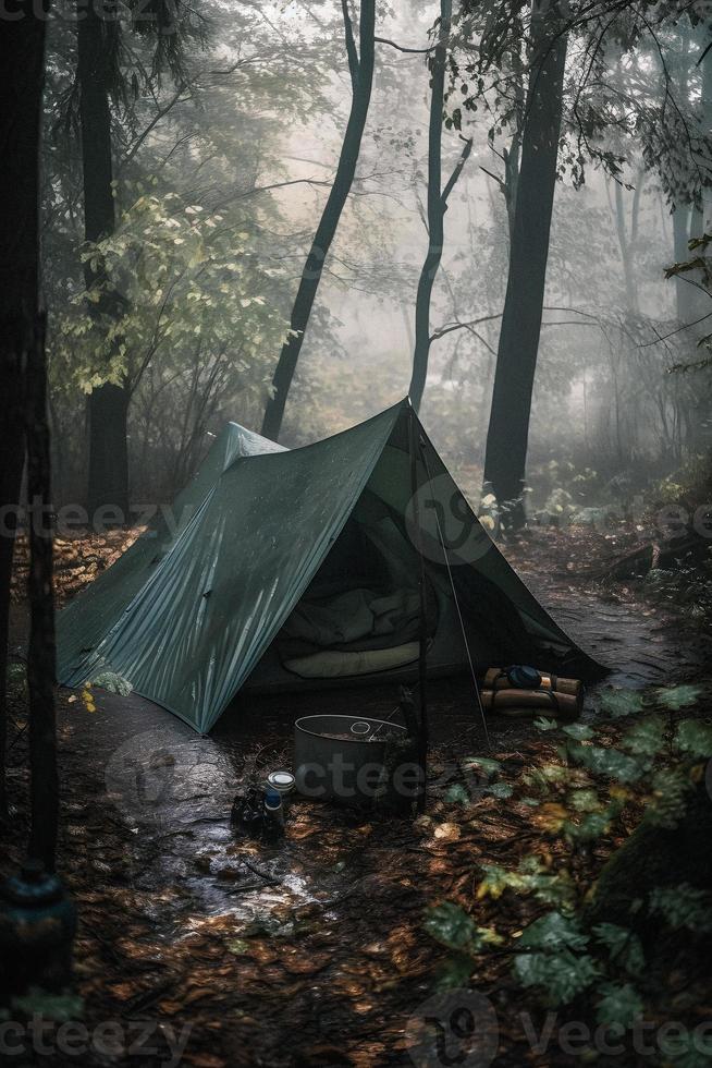 Wilderness Survival. Bushcraft Tent Under the Tarp in Heavy Rain, Embracing the Chill of Dawn. A Scene of Endurance and Resilience photo