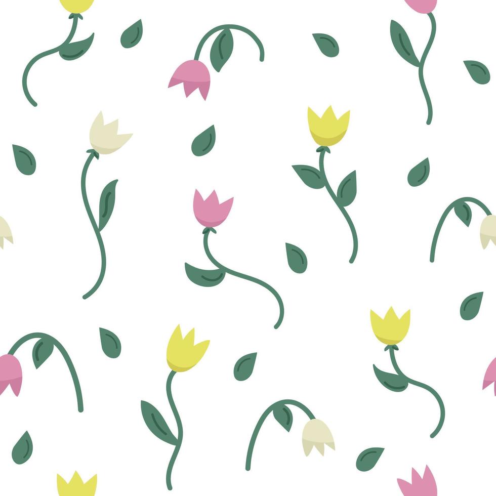 Floral Seamless Pattern with Tulips on white background. Spring Background with Blossom Flowers for Fabric, Wallpaper, Posters, Banners. Vector illustration