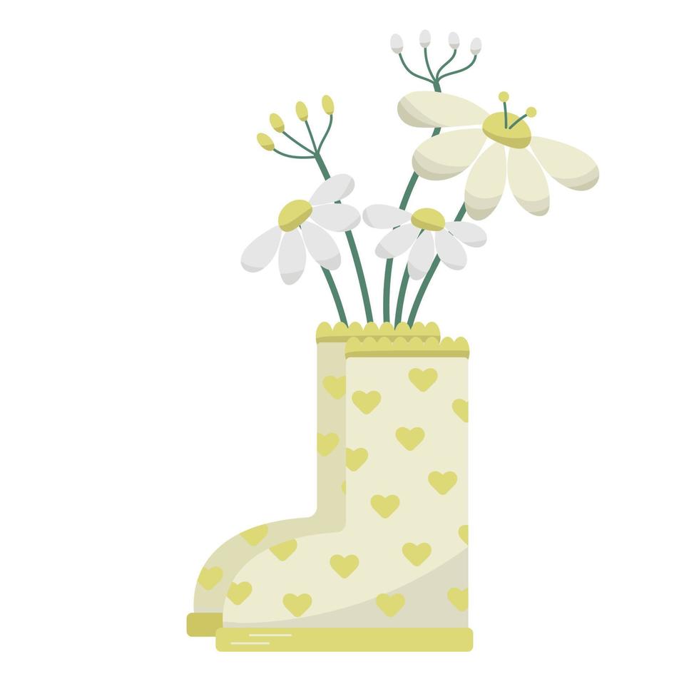 Vector cute spring chamomile flower bouquet in yellow romantic boots on transparent background. Garden cartoon concept