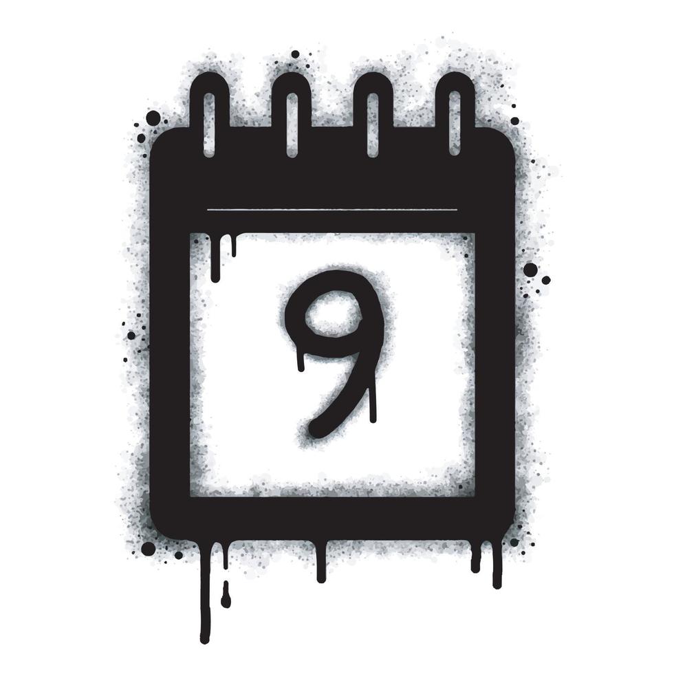 Spray Graffiti calendar icon isolated on white background. number nine graffiti symbol with overspray in black on white. Vector illustration.