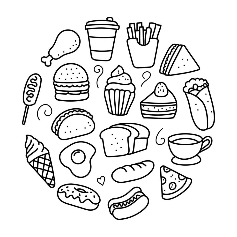 Collection of food doodle illustrations arranged in a circle shape isolated on white background vector