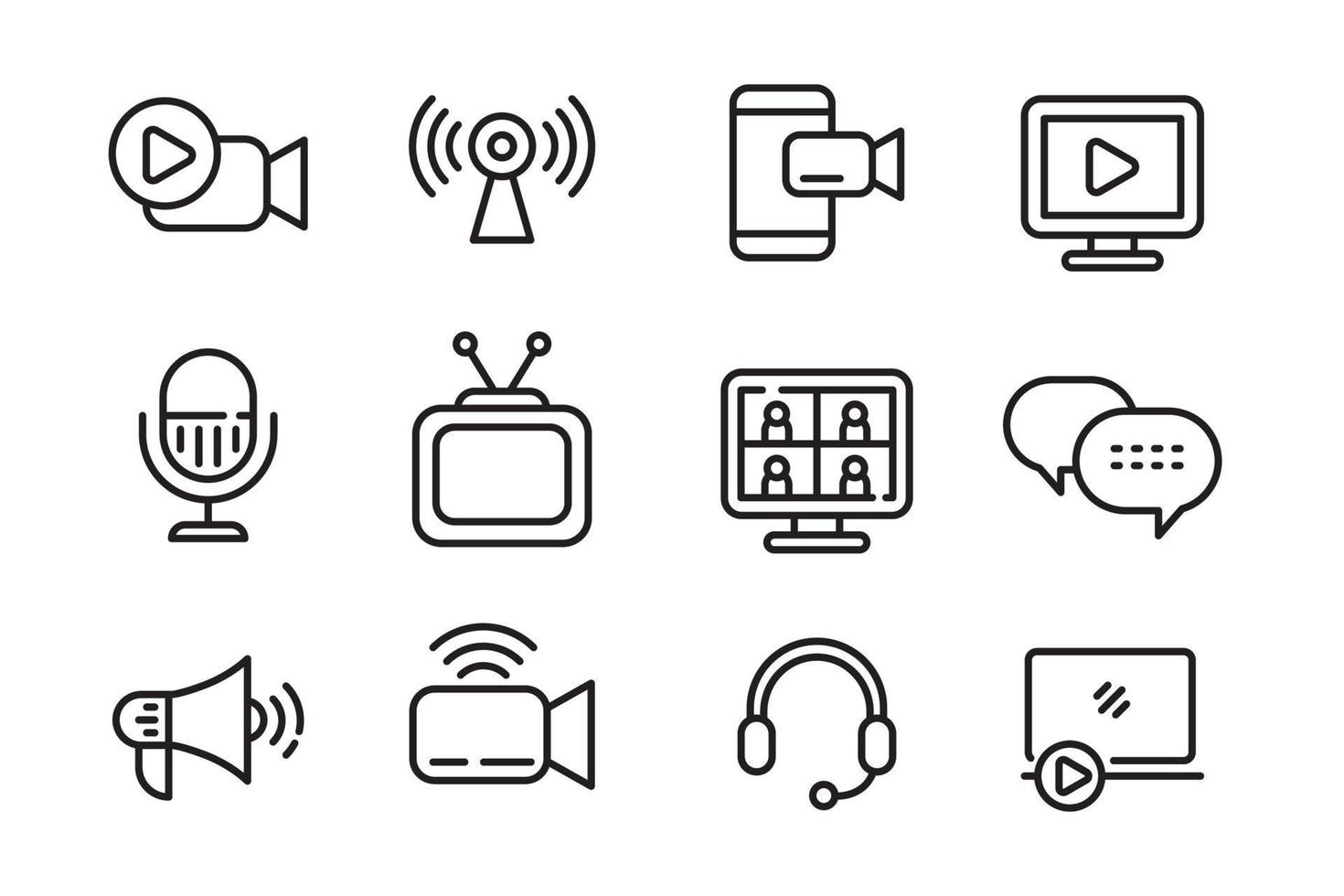 Broadcast and live streaming icons collection in linear style isolated on white background vector