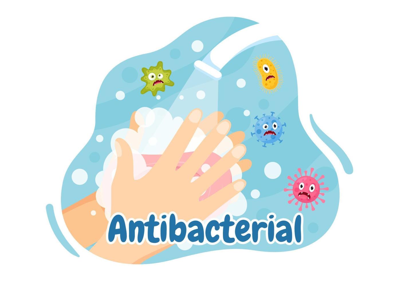Antibacterial Illustration with Washing Hands, Virus Infection and Microbes Bacterias Control in Hygiene Healthcare Flat Cartoon Hand Drawn Templates vector