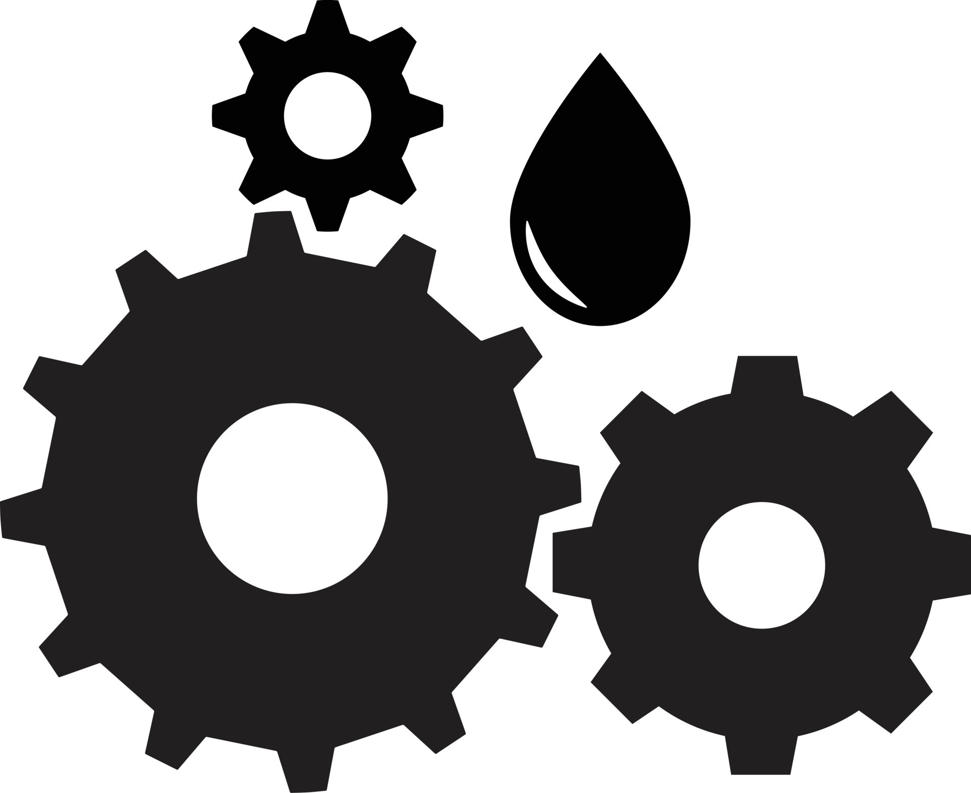 Lubricant oil drop and gear icon on white background. Keep oiled sign