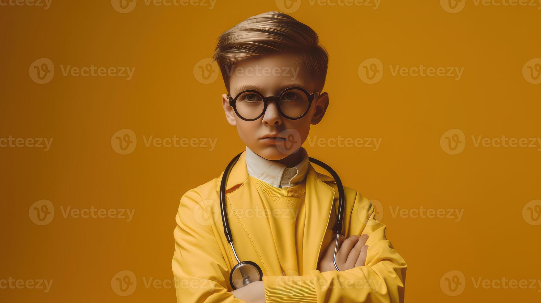 Cute child in doctor coat. Future career concept. . photo