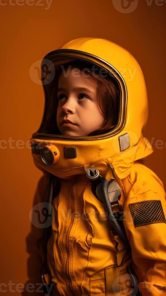 Little kid wearing spacesuit. Cosmonaut concept. . photo