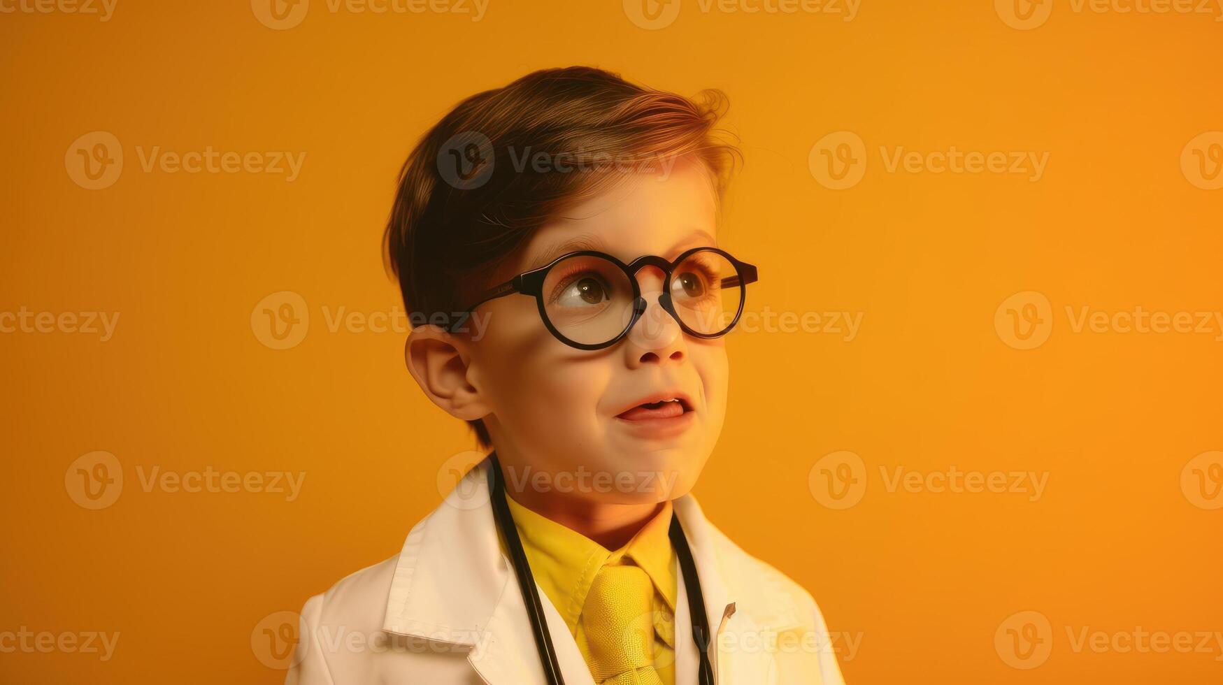 Cute child in doctor coat. Future career concept. . photo