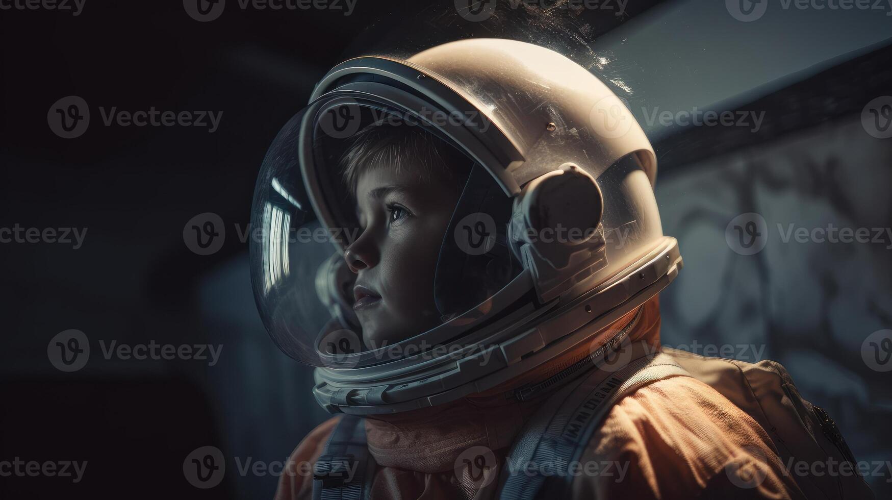 Little kid wearing spacesuit. Cosmonaut concept. . photo