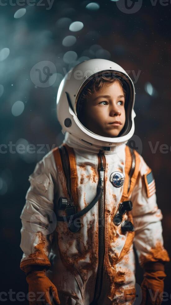 Little kid wearing spacesuit. Cosmonaut concept. . photo