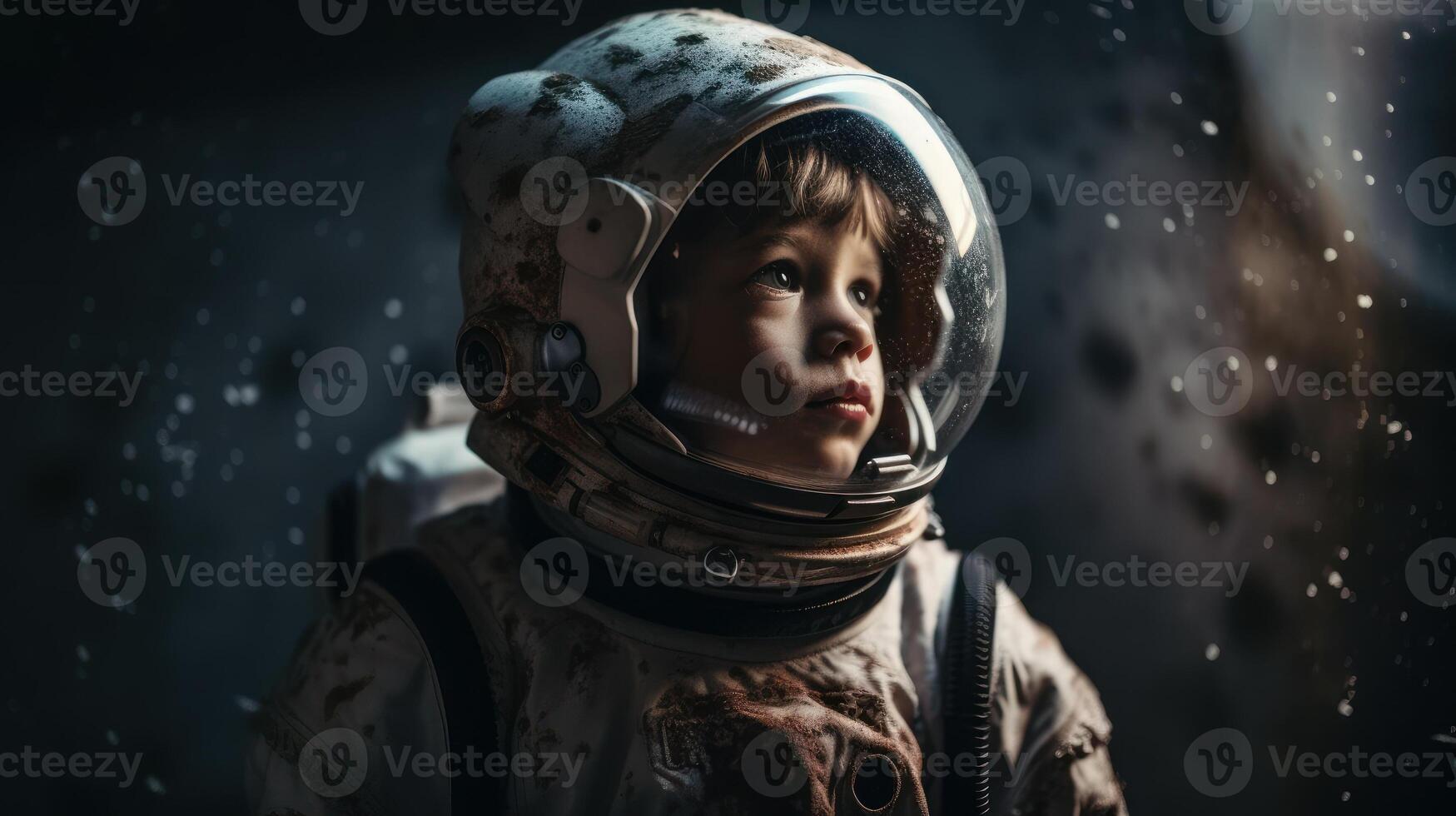 Little kid wearing spacesuit. Cosmonaut concept. . photo