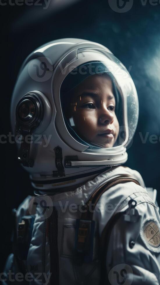 Little kid wearing spacesuit. Cosmonaut concept. . photo