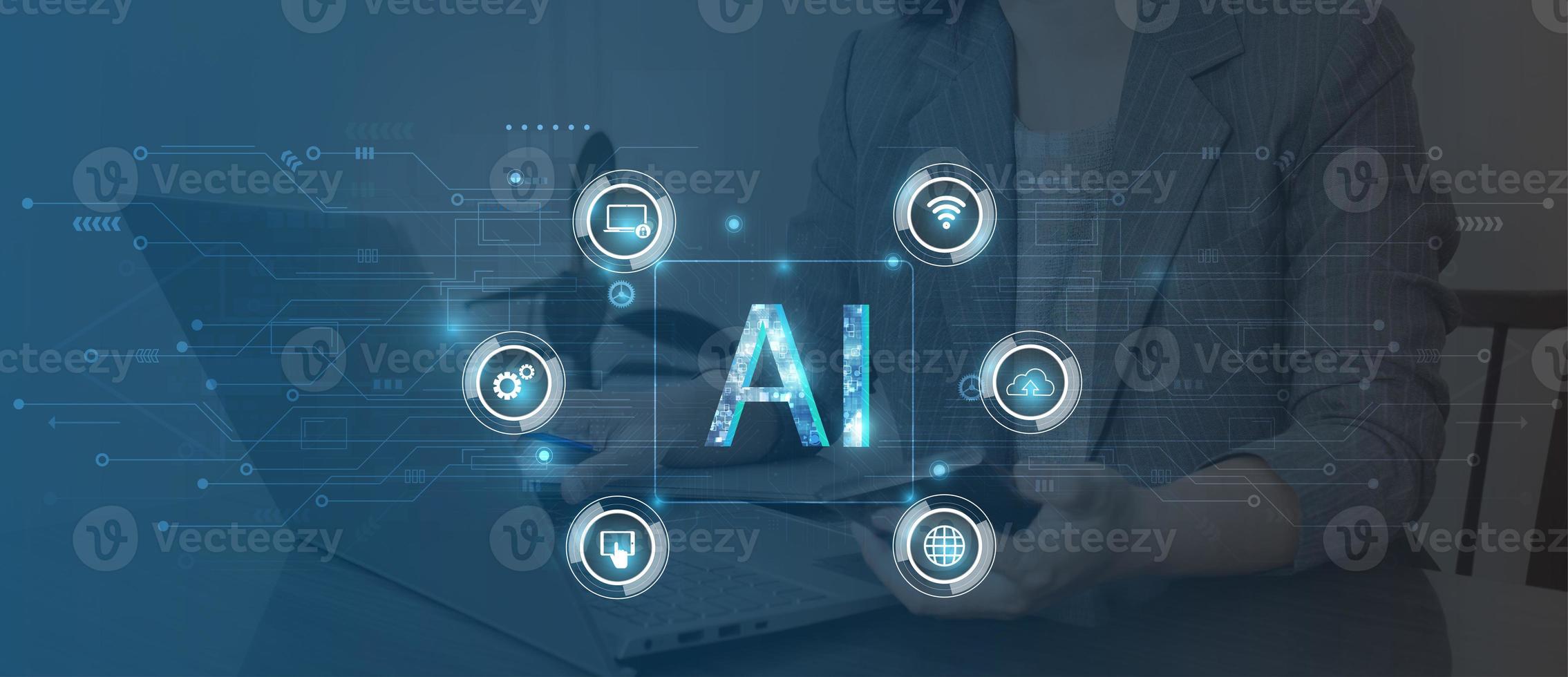 AI, Artificial Intelligence, Cloud Computing and Networks Concept. Businesswoman using mobile phone and laptop computer with IOT icons. photo