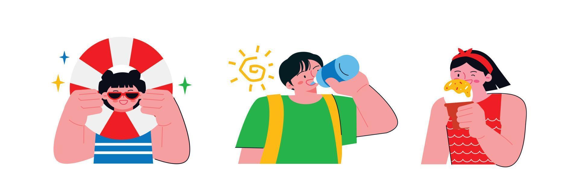 People enjoying summer. A boy with a tube, a boy drinking water, and a girl eating ice cream. vector