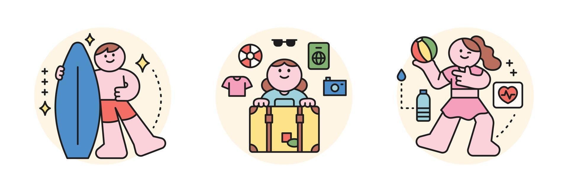 personas disfrutando verano. contorno estilo personaje diseño. un chico con un servicio junta, un niña embalaje un maleta y un niña jugando playa vóleibol. vector