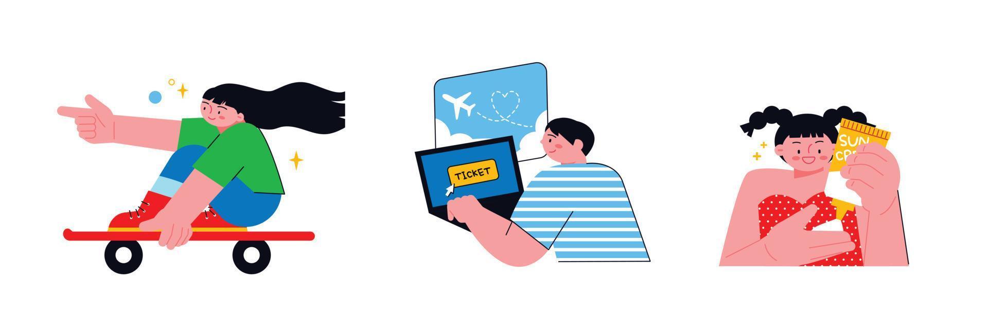 People enjoying summer. A girl riding a skateboard, a boy booking a plane ticket for an overseas trip, and a girl applying sunscreen. vector