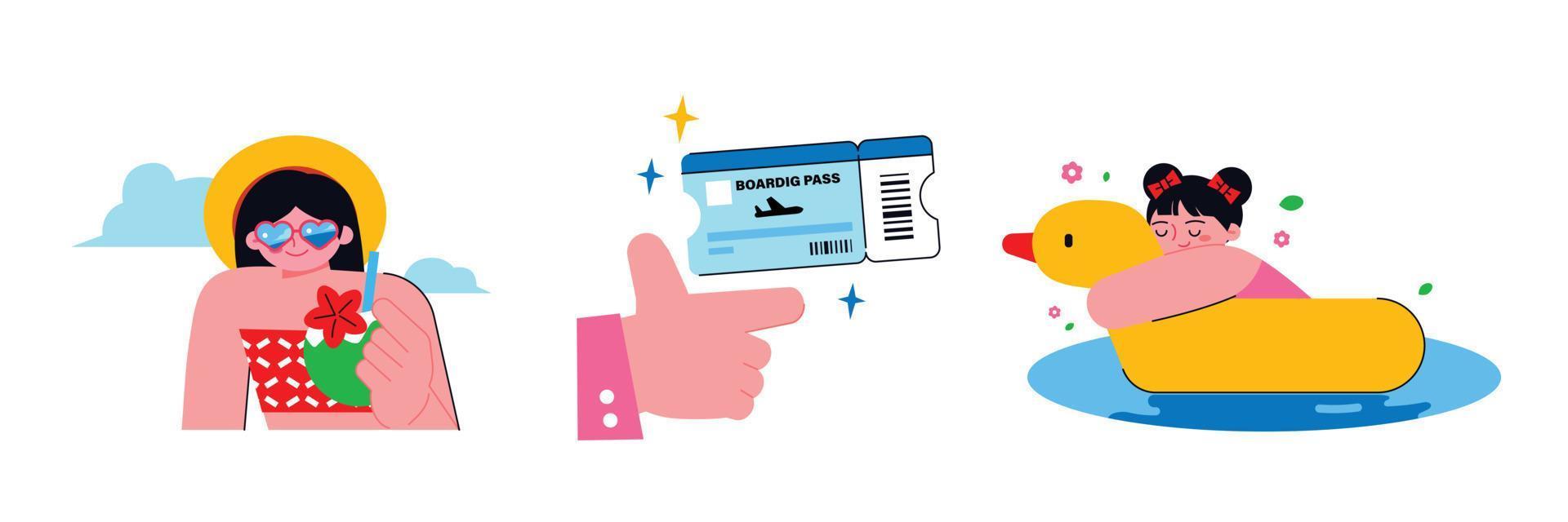 People enjoying summer. Girl drinking coconut drink, boarding pass for plane, girl riding duck tube. vector