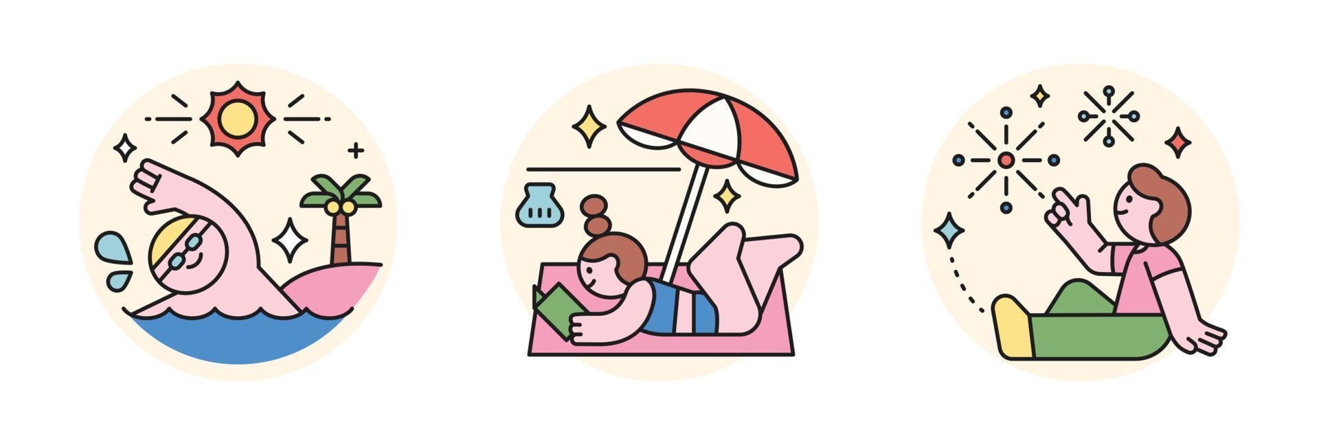 People enjoying summer. outline style character design. Swimming in the sea, reading a book on the beach, and fireworks on a summer night. vector