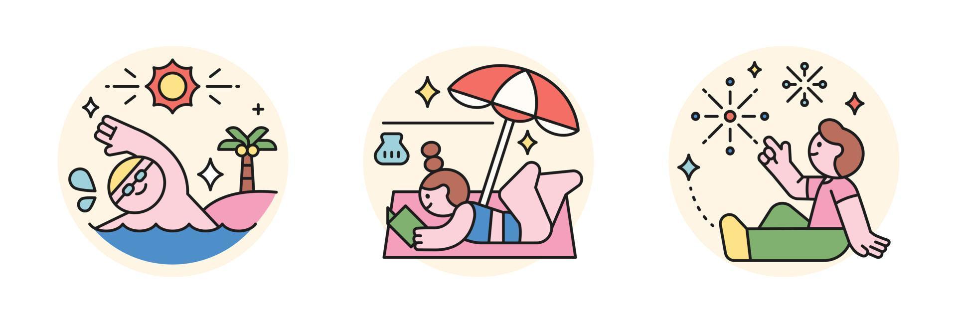 People enjoying summer. outline style character design. Swimming in the sea, reading a book on the beach, and fireworks on a summer night. vector