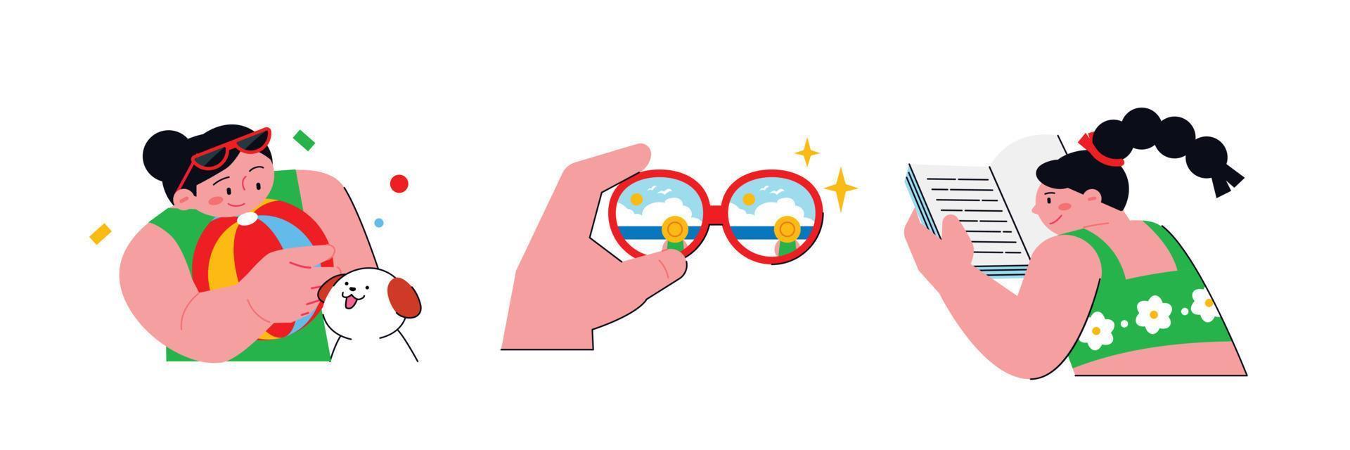 People enjoying summer. Dog and beach volleyball, seaside view through glasses, girl reading a book. vector