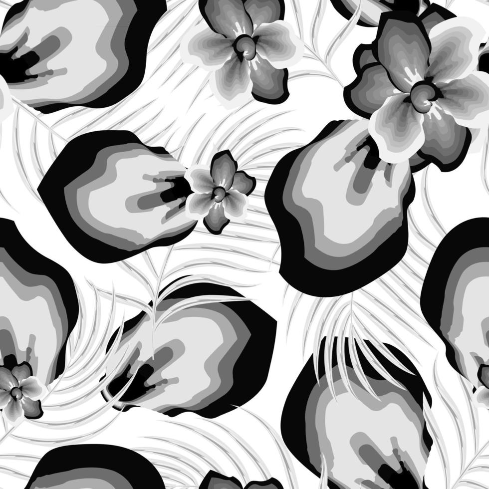 sencillo naturaleza floral sin costura modelo con tropical palma hojas y planes follaje en blanco antecedentes. floral fondo de pantalla. tropical ilustración. monocromo diseño. exótico zona tropical. verano diseño vector