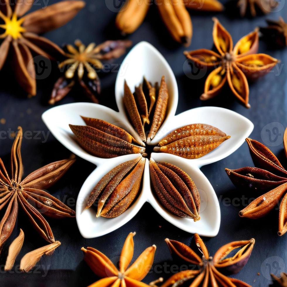 Dried star anise spice top view photo