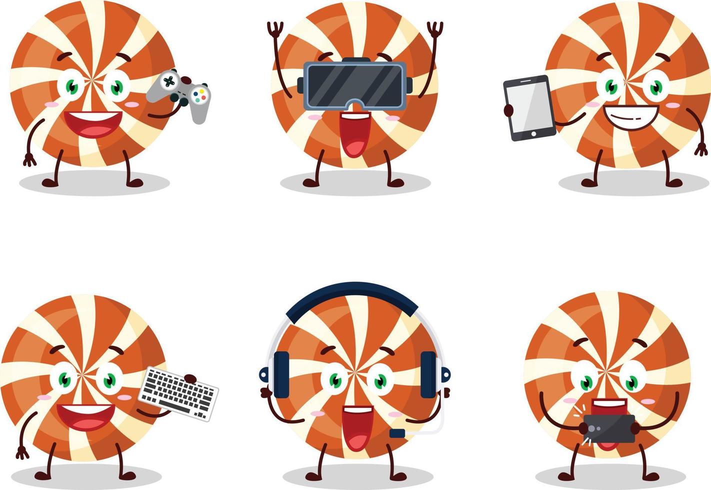 Spiral candy cartoon character are playing games with various cute emoticons vector