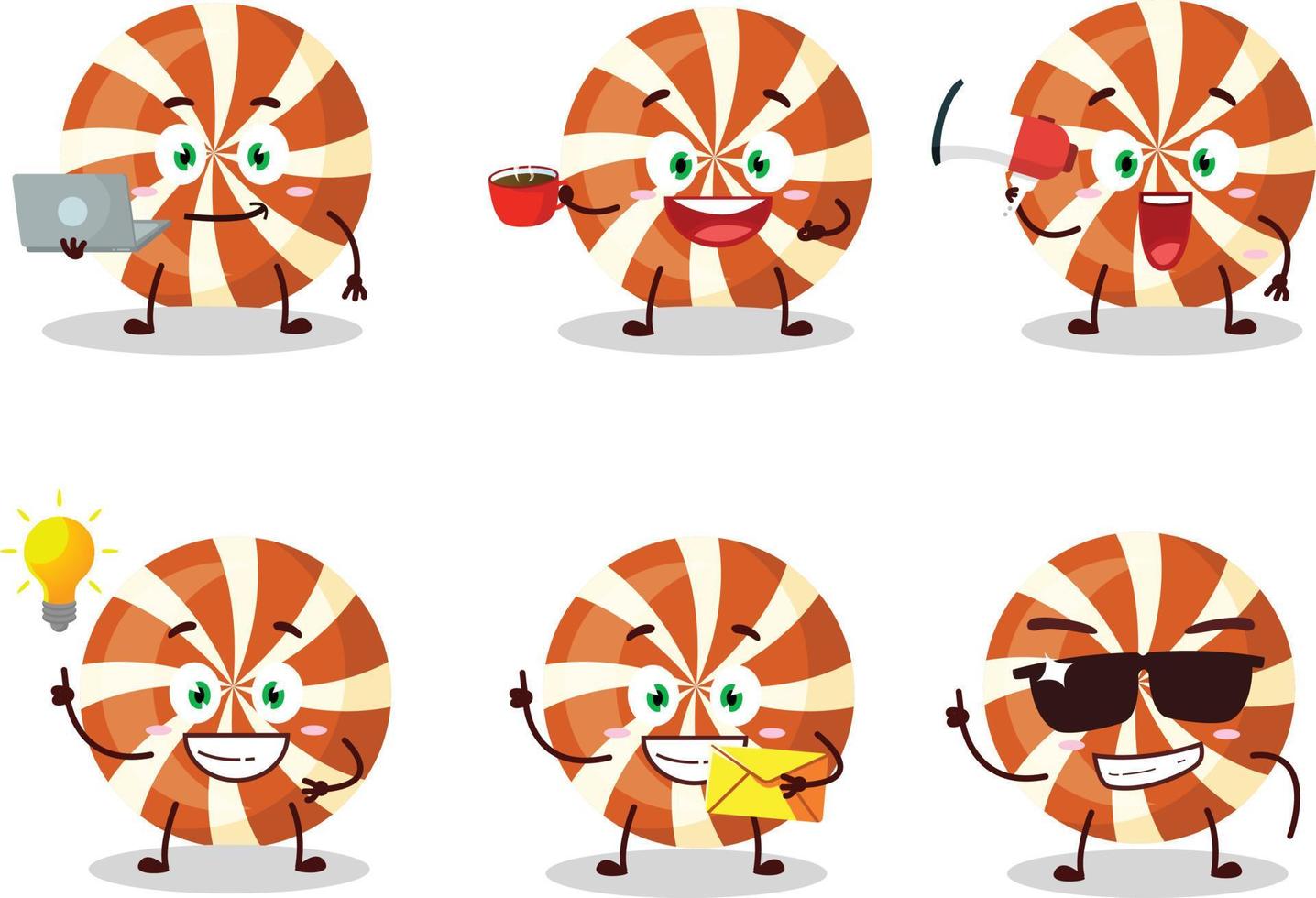 Spiral candy cartoon character with various types of business emoticons vector